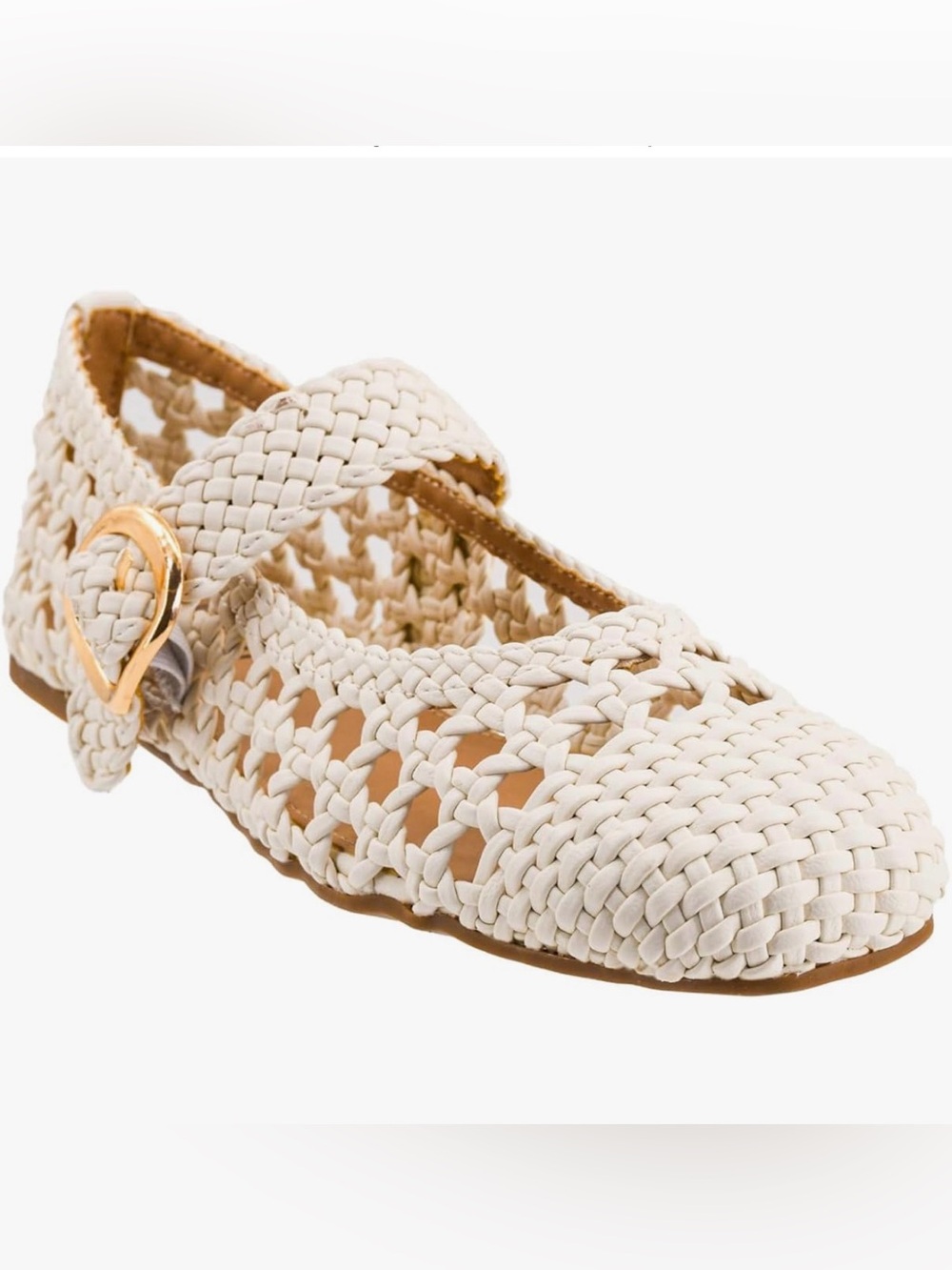 Woven Mary Jane Flat — Cream with Gold Buckle